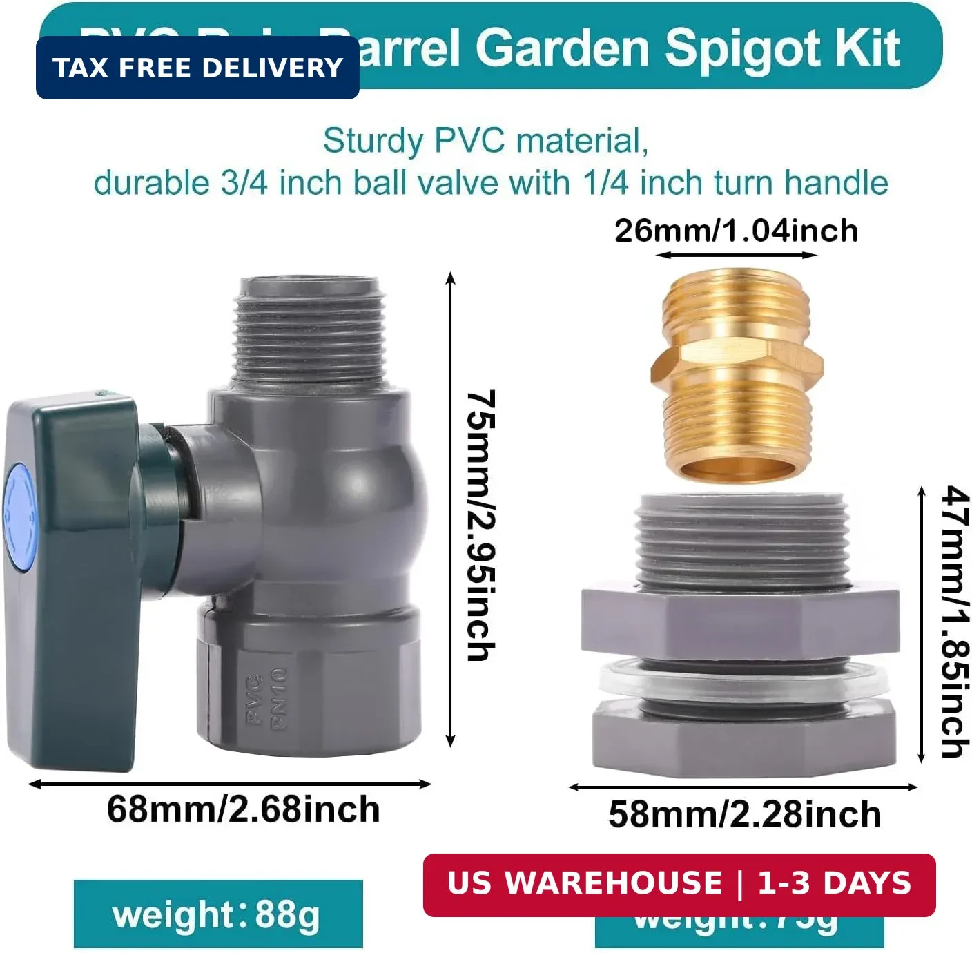 2 Set 3/4 Inch Rain Barrel Spigot Kit - BILAL Water Barrel PVC Garden Diverter K gallery