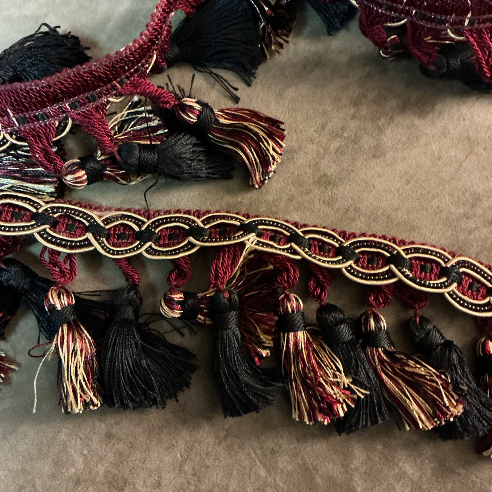 Dark Red Black And Gold Chain Design Tassel Trim For Pillows Chairs Or Whatever gallery