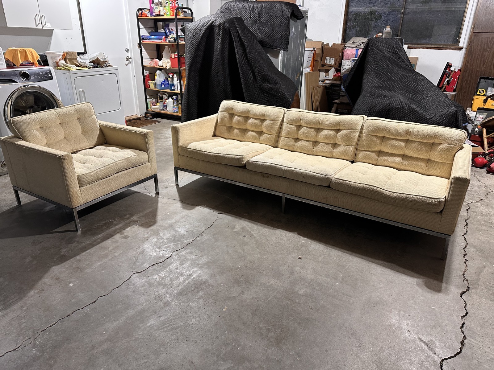 Florence Knoll Original Tufted 3-Seat Sofa and Lounge Chair Set, Cream White gallery