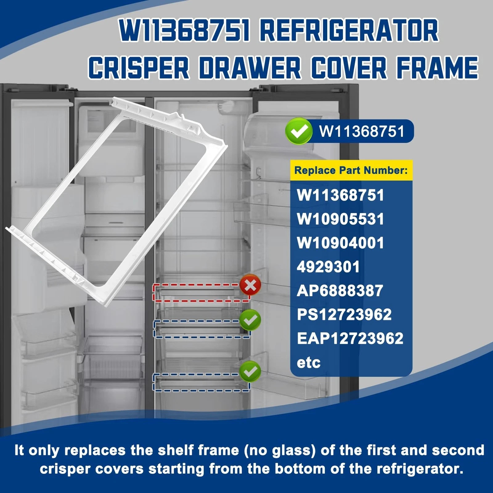 W11368751, W10905531 Refrigerator Shelf Frame(no glass) Compatible whirlpool gallery