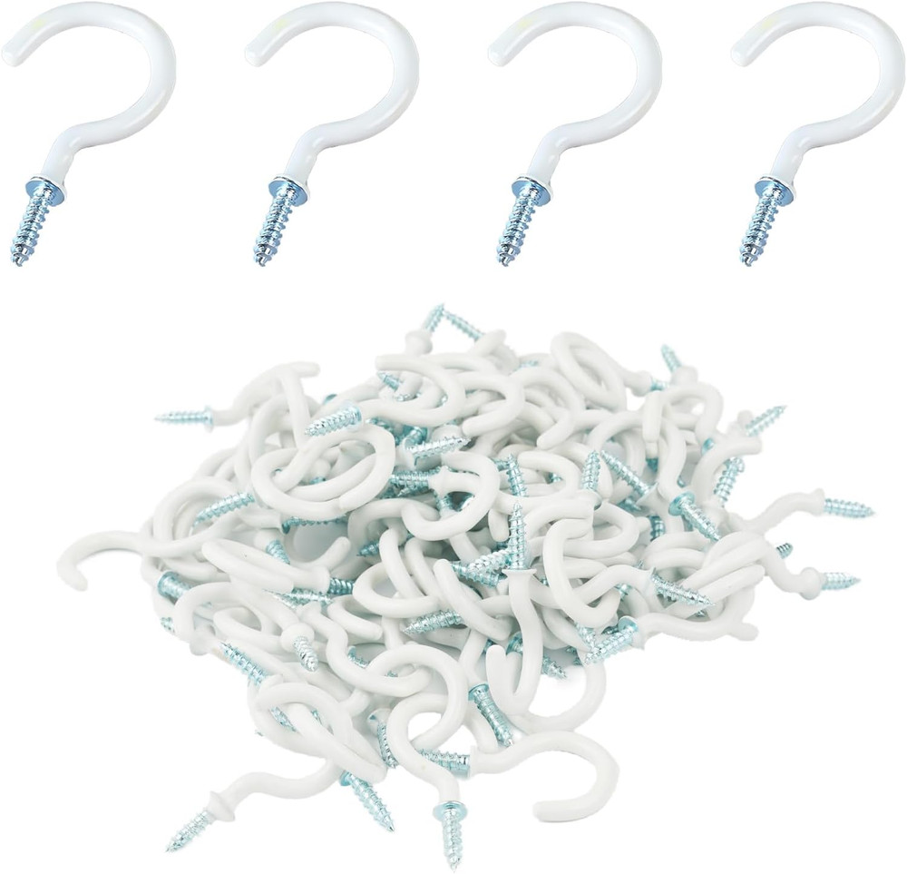 100 Pcs 3/4 inch Ceiling Cup Hooks Screw Hooks for Hanging (White)