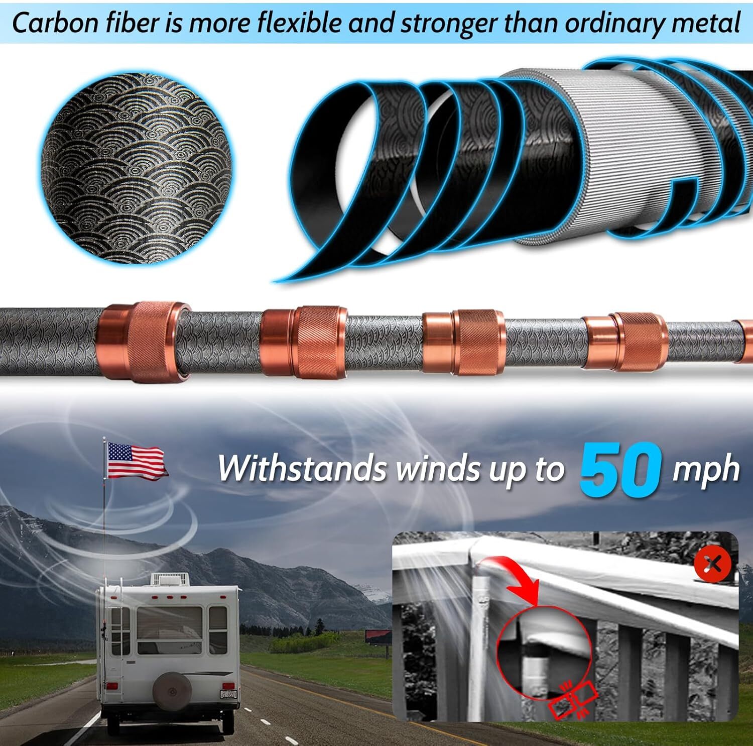 RV Ladder Flagpole Kit, Carbon Fiber Telescopic Flagpole - 20ft Adjustable gallery