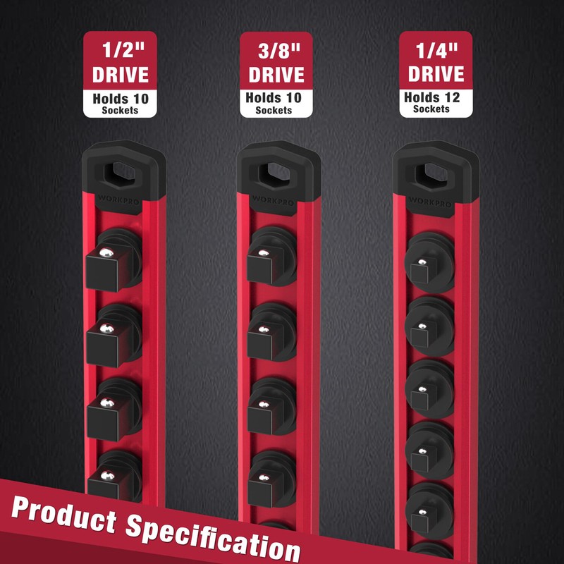 WORKPRO 1/2-InchDrive Magnetic Socket Organizer Aluminum Alloy Socket Rail (Red) gallery