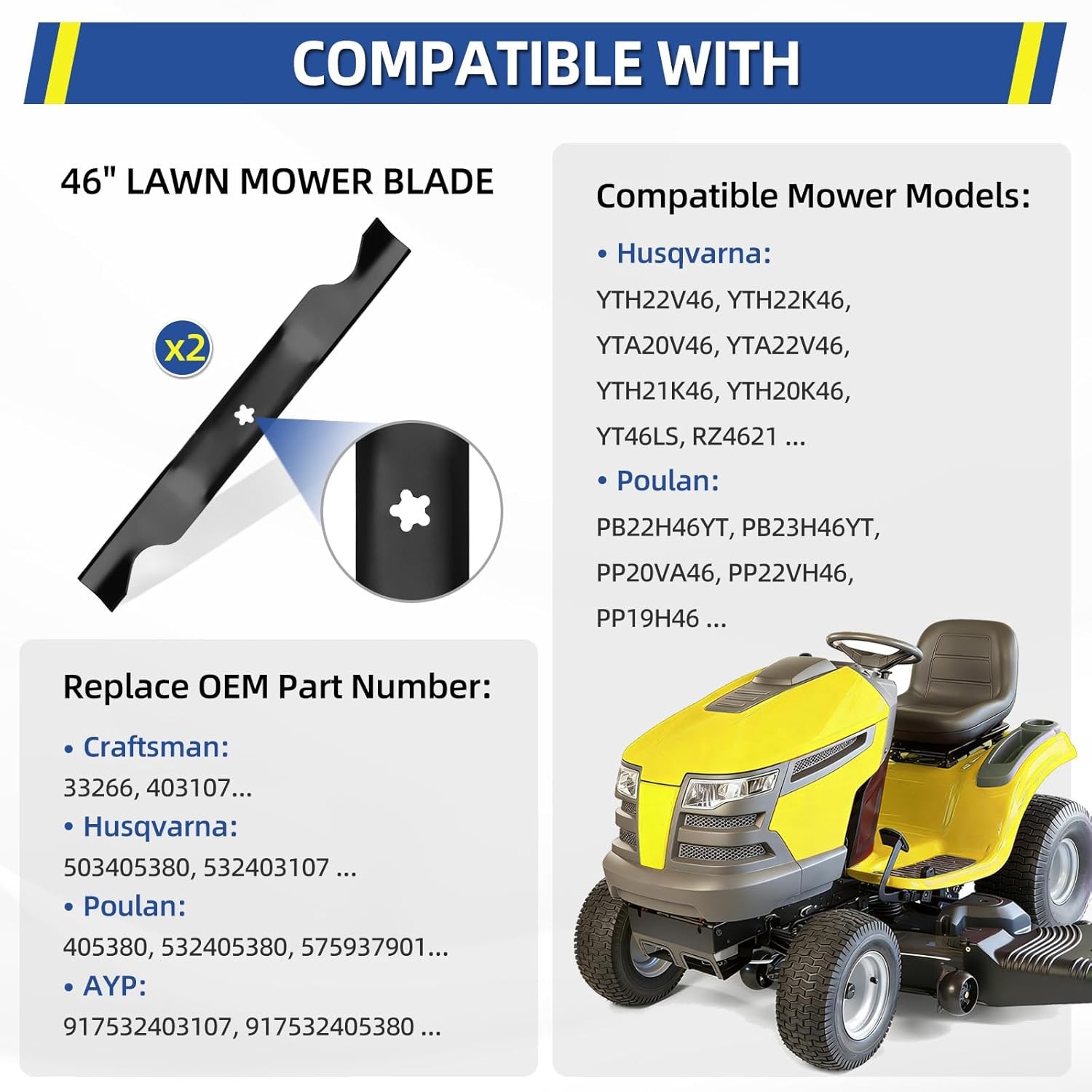GICOOL 405380 46" Lawn Mower Blade for Husqvarna YTH22V46 Z246 Riding gallery
