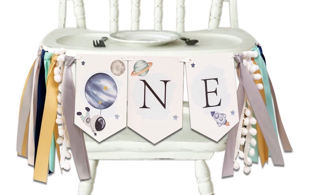 First Birthday Space One High Chair Banner Blues And Purple gallery