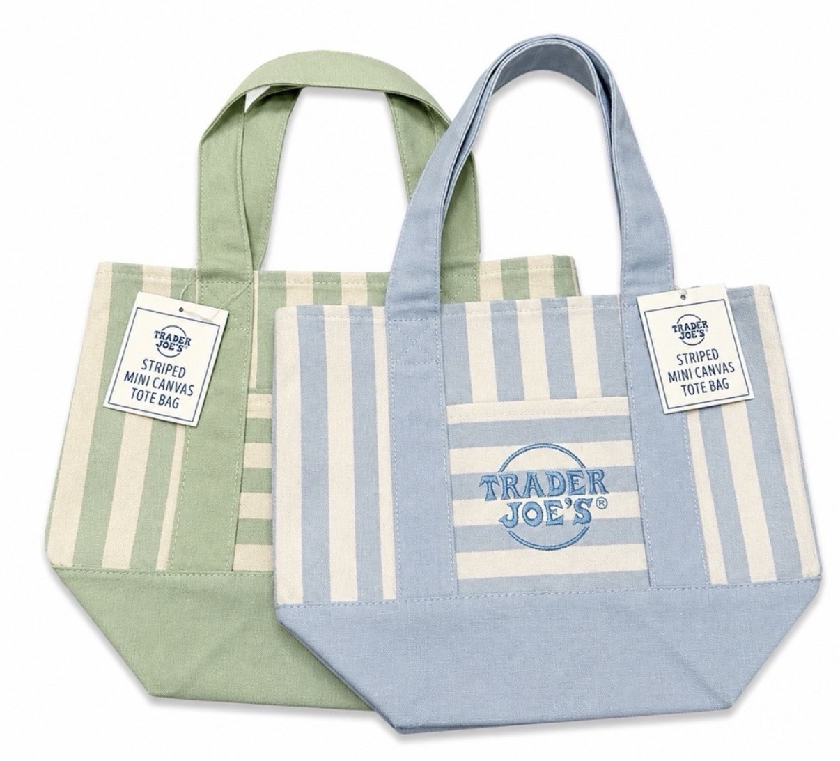 New Trader Joe’s Mini Pastel Stripe Canvas Tote Bag Blue Green Set Of 2 gallery