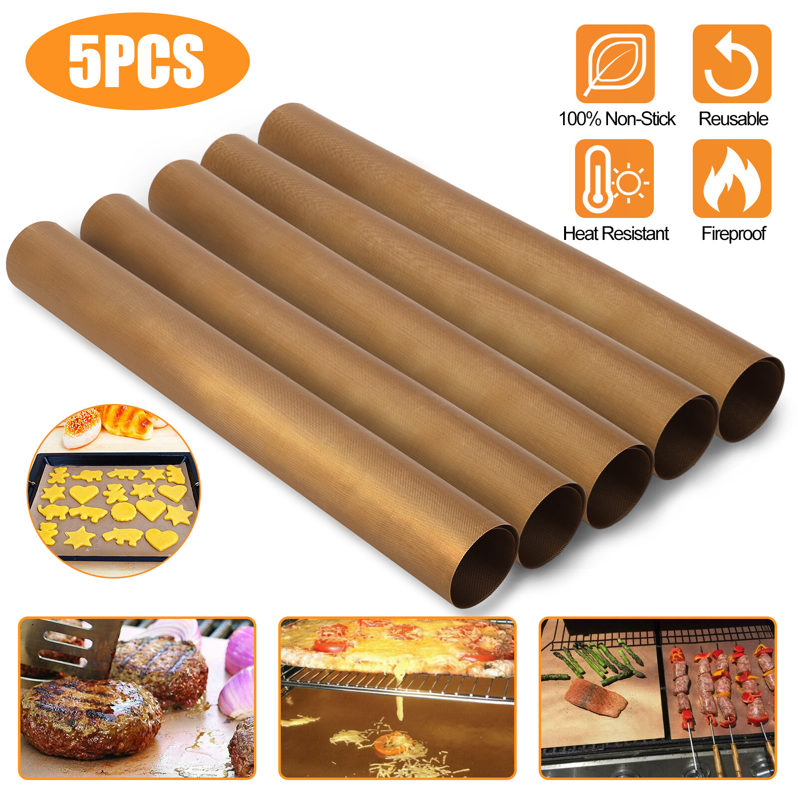 5pc Copper Grill Mats Baking Non-Stick BBQ Pad Reusable Cooking Oven Sheet Liner gallery