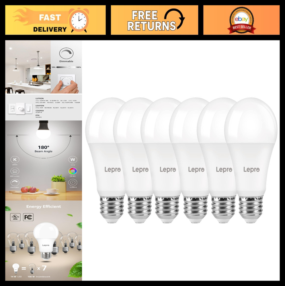 Dimmable LED Light Bulbs 100W Equivalent, 14W 1500LM Daylight White 5000K, A19 E