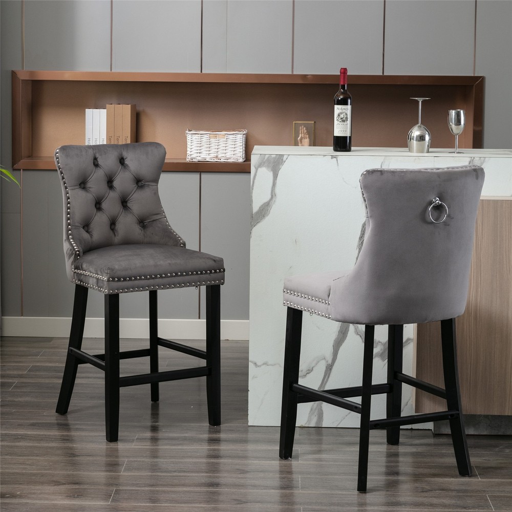 Contemporary Velvet Upholstered Barstools with Button Tufted Decoration and Wo