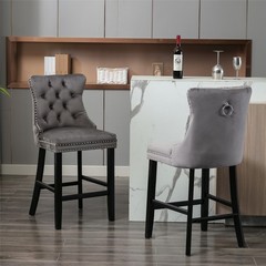 Contemporary Velvet Upholstered Barstools with Button Tufted Decoration and Wo