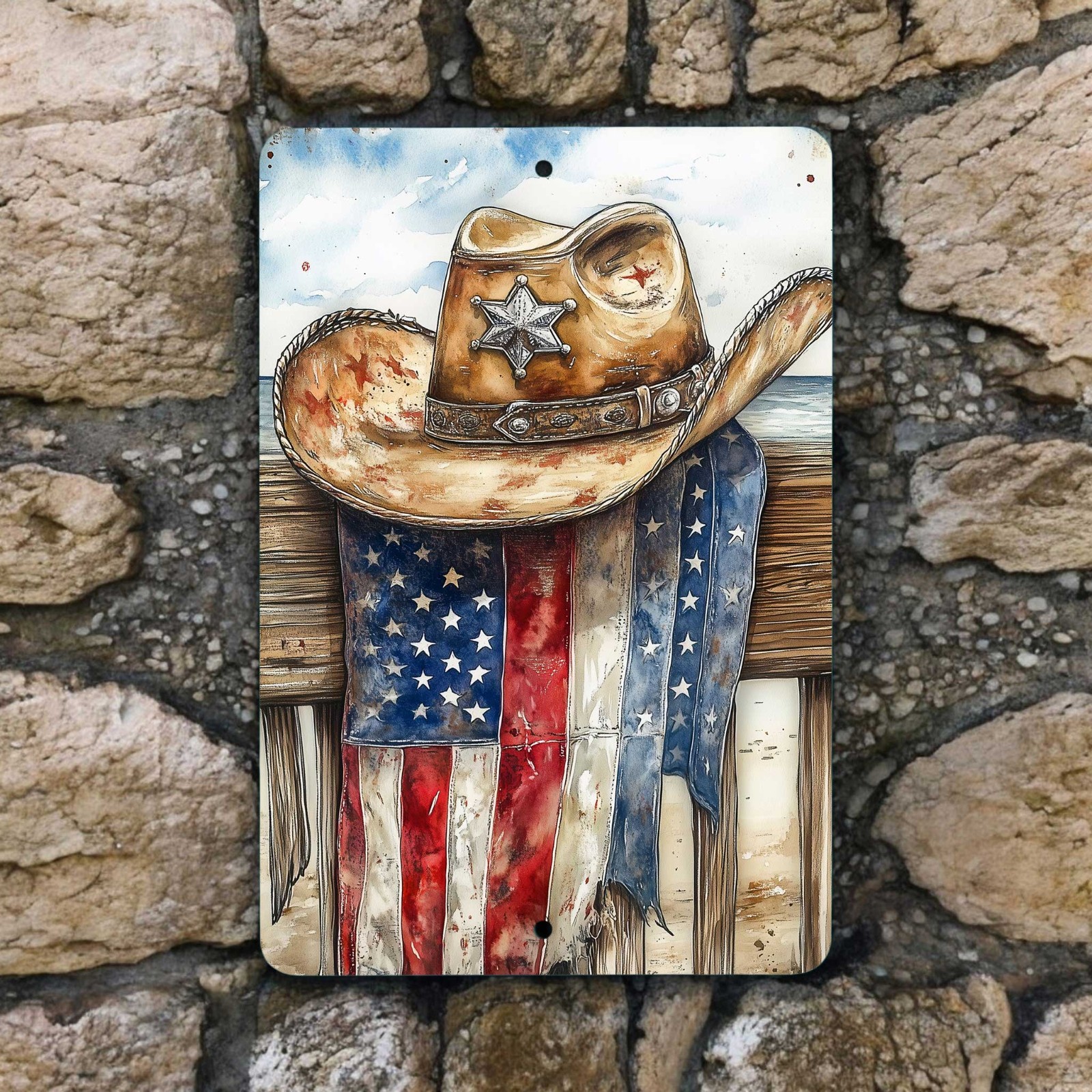 Cowboy Hat & American Flag Metal Sign 8x12 – Western Rustic Decor gallery