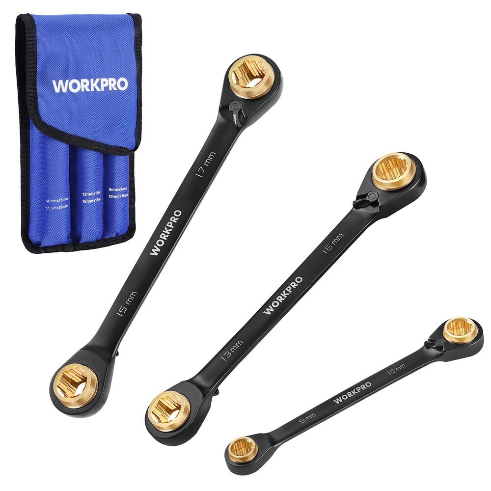 WORKPRO 3PC 4-in-1 Reversible Ratcheting Wrench Set Double Box End 8-19mm Metric gallery