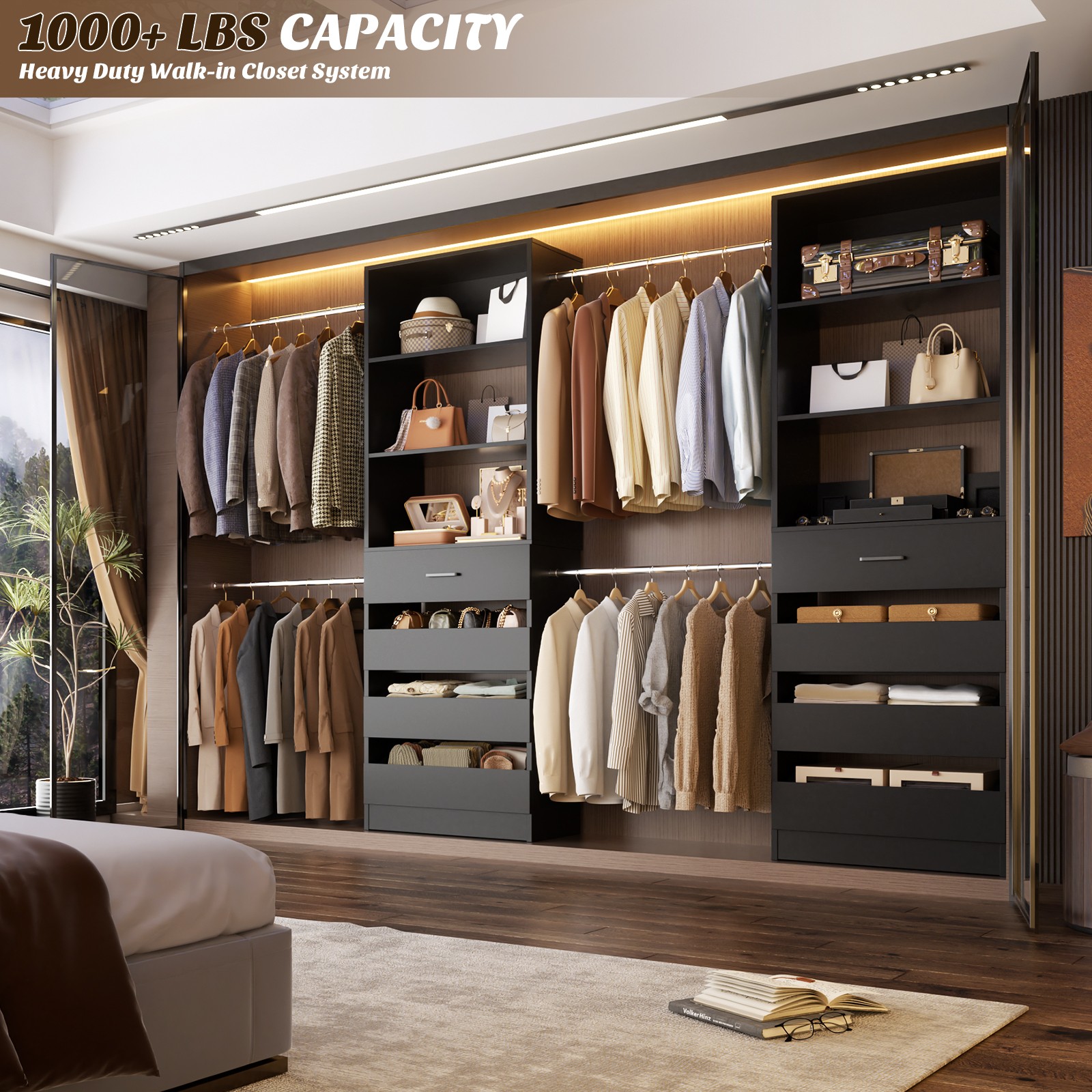 4-9Ft Walk-in Closet System Organizer with 4 Wooden Drawers & Rods for Wardrobes gallery