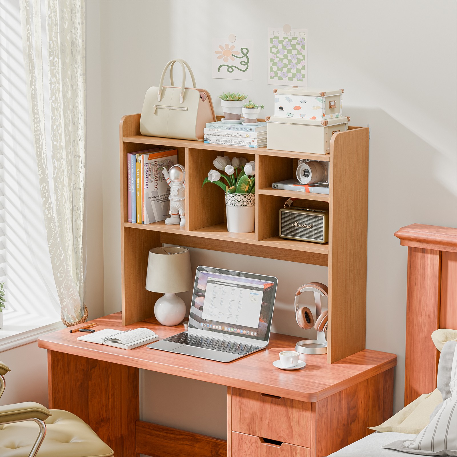 Desktop Bookshelf Countertop Storage Hutch w/5 Shelves for Computer Desk Natural gallery