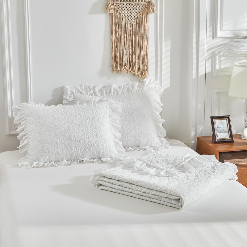 Ruffled Quilt Set Queen Size 96 * 96in - 3 Pieces Solid Shabby Chic Farmhouse... gallery