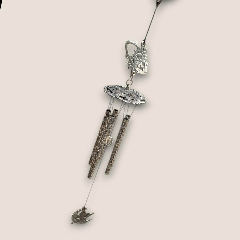Celestial Sun Moon Star Wind Chime Suncatcher Mobile Silver Tone Metal Decor