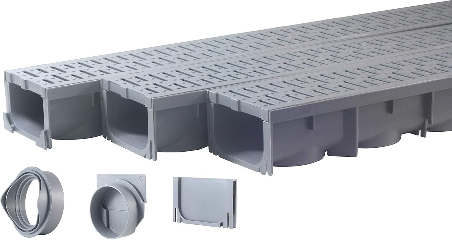 3 Pack Channel Drain Kit 117" Trench Drain With Grate 5" x 39" Plastic Gray gallery