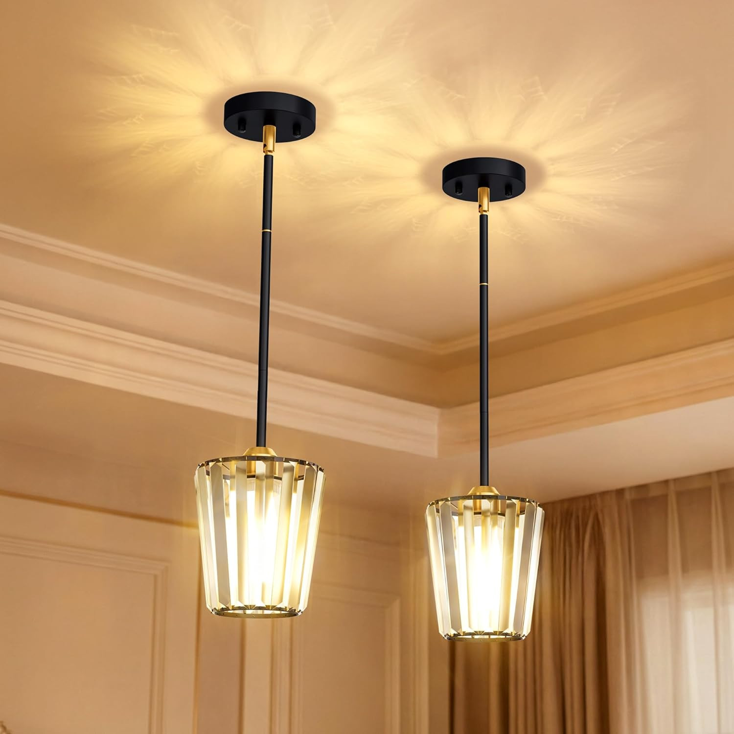 Modern Black Gold Crystal Pendant Lights for Kitchen Island - 2 Pack gallery