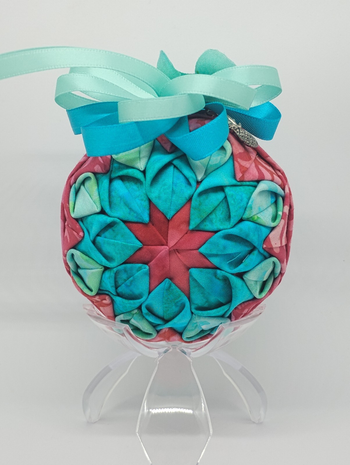 Turquoise/Pink Fabric Floral Round Ball Hanging Pineapple Bauble w/ Ribbon Bow gallery