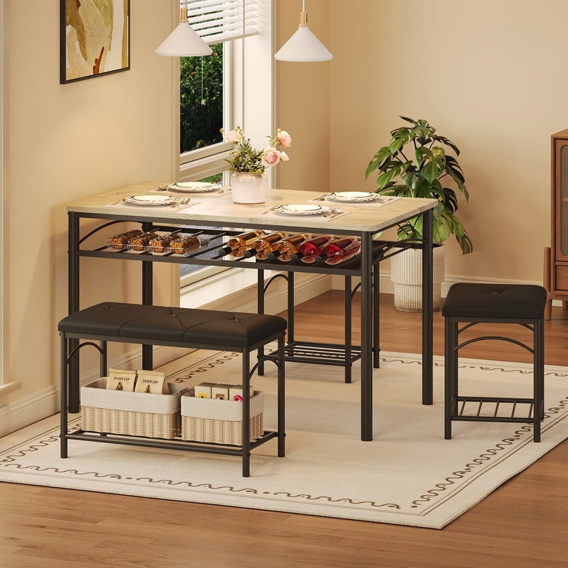 Dining Table Set for 4 with Upholstered Benches and 2 Stools, Modern Space Sa... gallery
