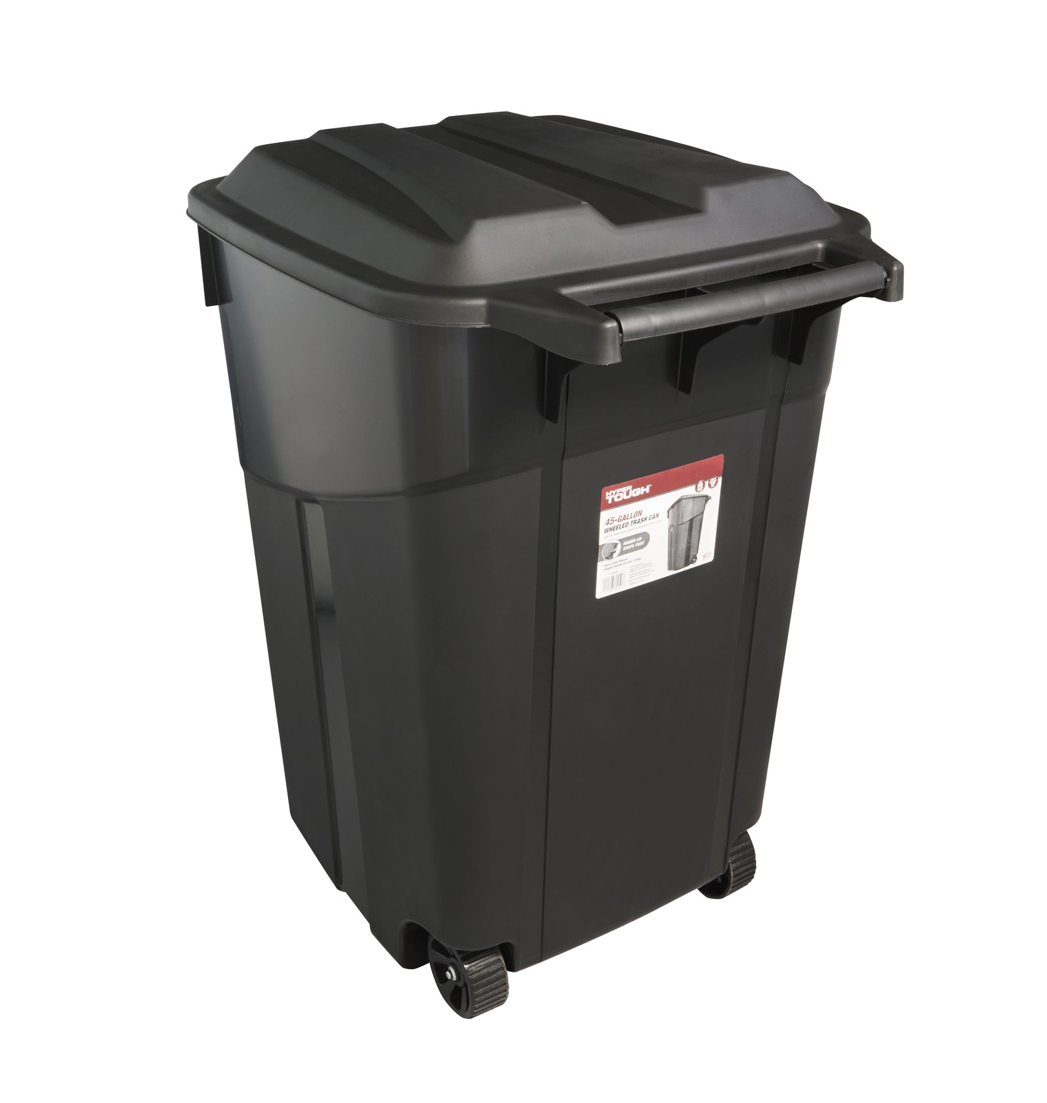 45 Gallon Wheeled Heavy Duty Plastic Garbage Can, Attached Lid, Black gallery