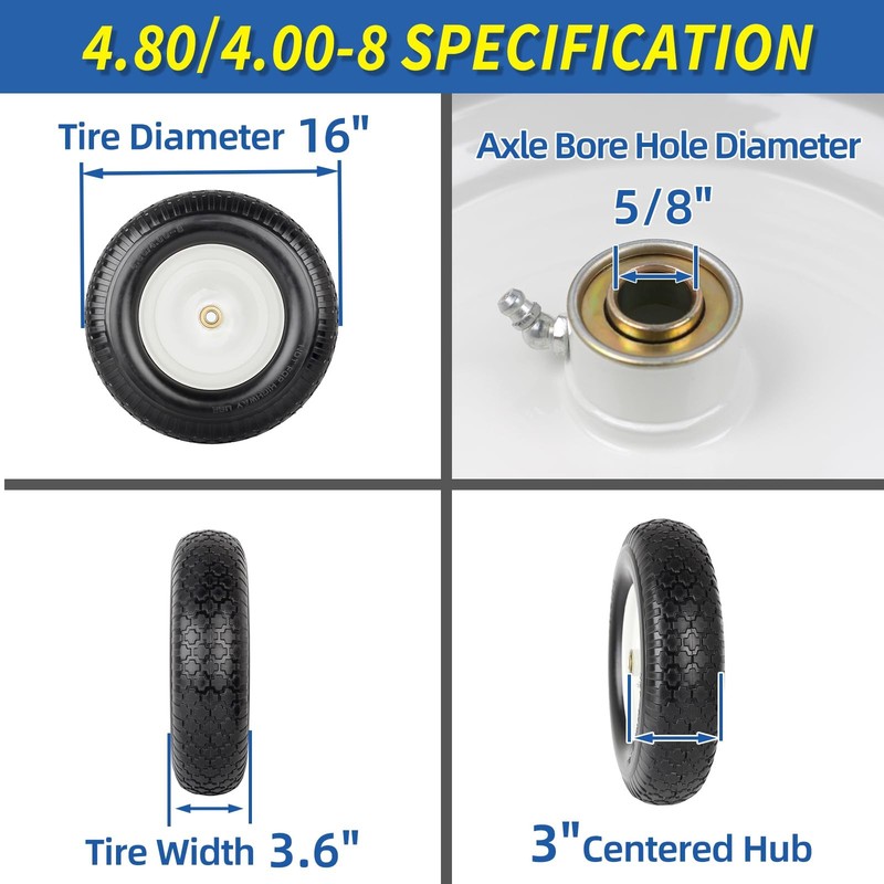 GICOOL 16 Flat-Free Solid Tire & Wheel, 4.80/4.00-8 for Wheelbarrow & Garden gallery