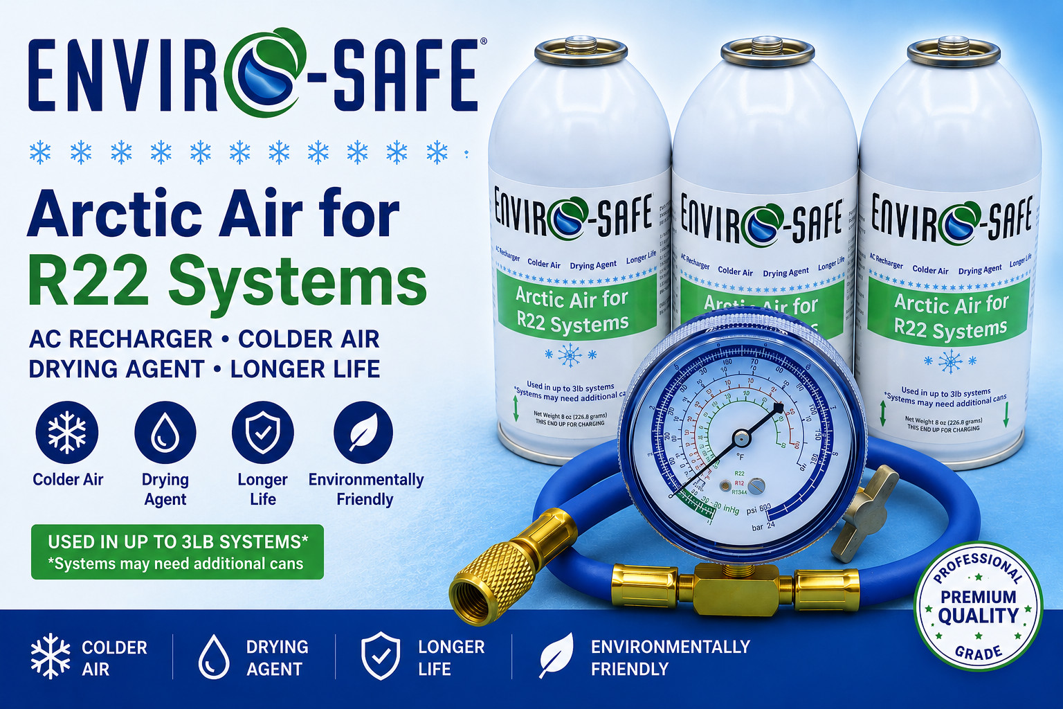 Envirosafe Arctic Air for R22, AC Refrigerant Support, (3) cans and gauge gallery