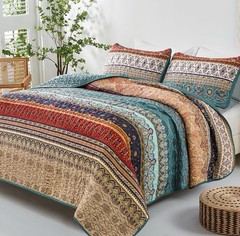 Wongs Queen Comforter Set 3pc Boho Eclectic Multi Colored Quilt & 2 Shams