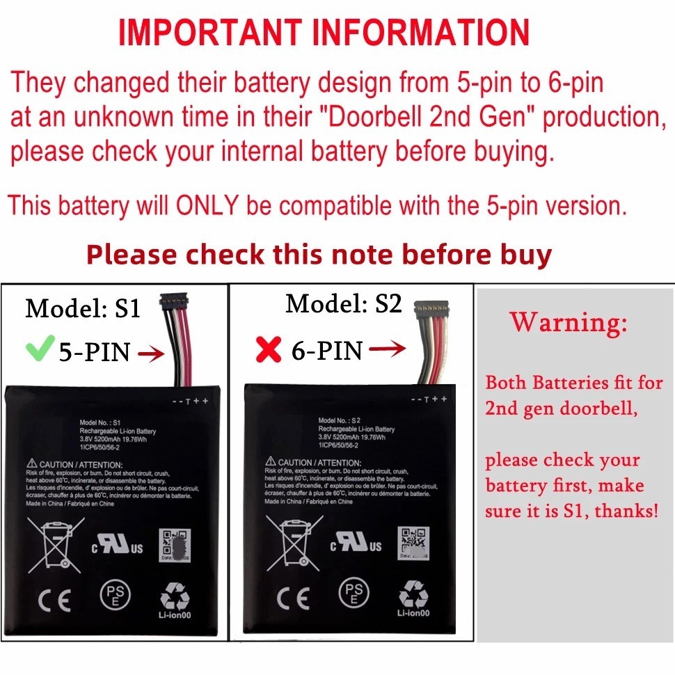 5200mAh Replacement Battery S1 (5 Pins) for Ring Video Doorbell 2nd Gen gallery