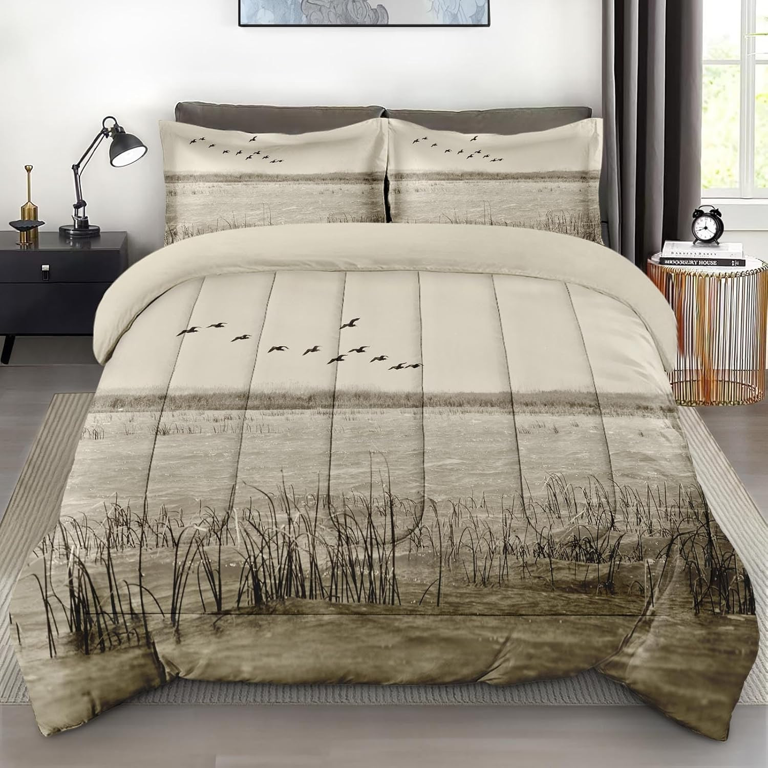 Comforter Set with 2 Pillowcases Queen Size, Wild Birds Duck Lake Hunter, Beddin gallery