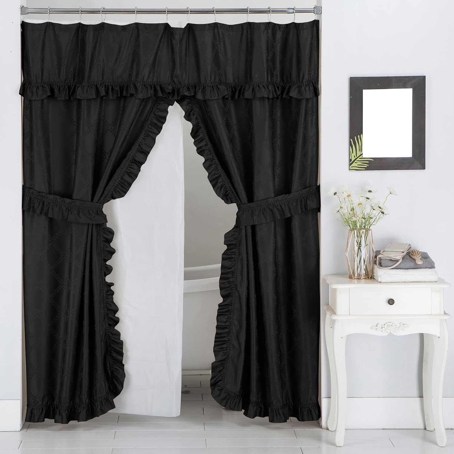 Double Swag Ruffled Fabric Shower Curtain Set, Intersected Leaves Pattern, PEVA gallery