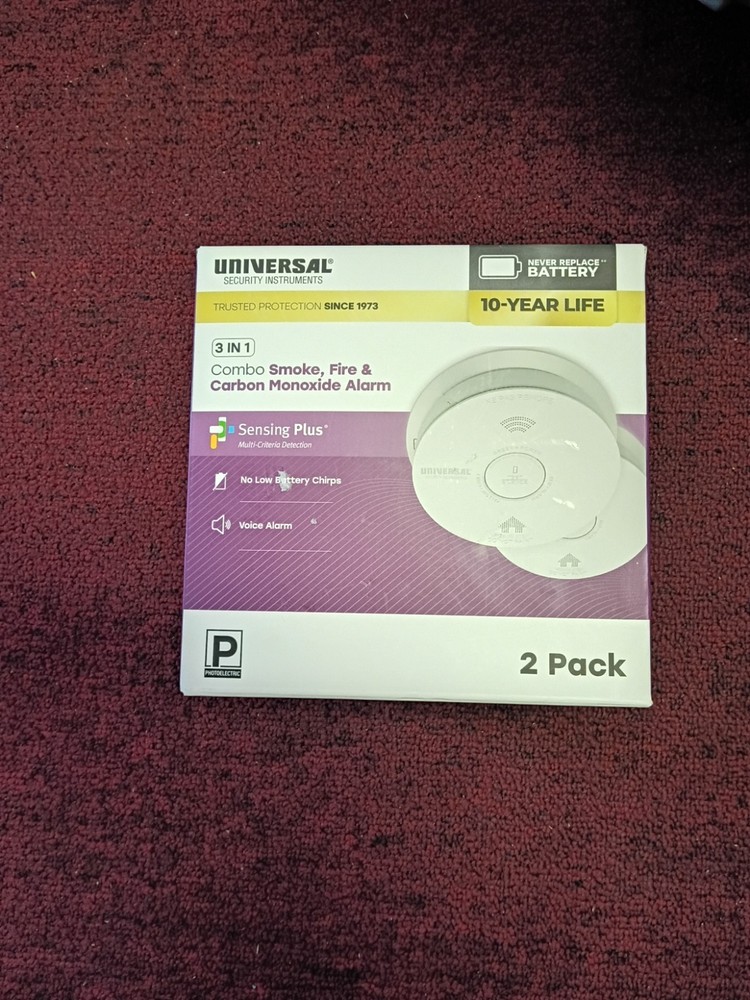 2-PACK Universal Security Instruments 3-in-1 Smoke, Fire & Carbon Monoxide Alarm