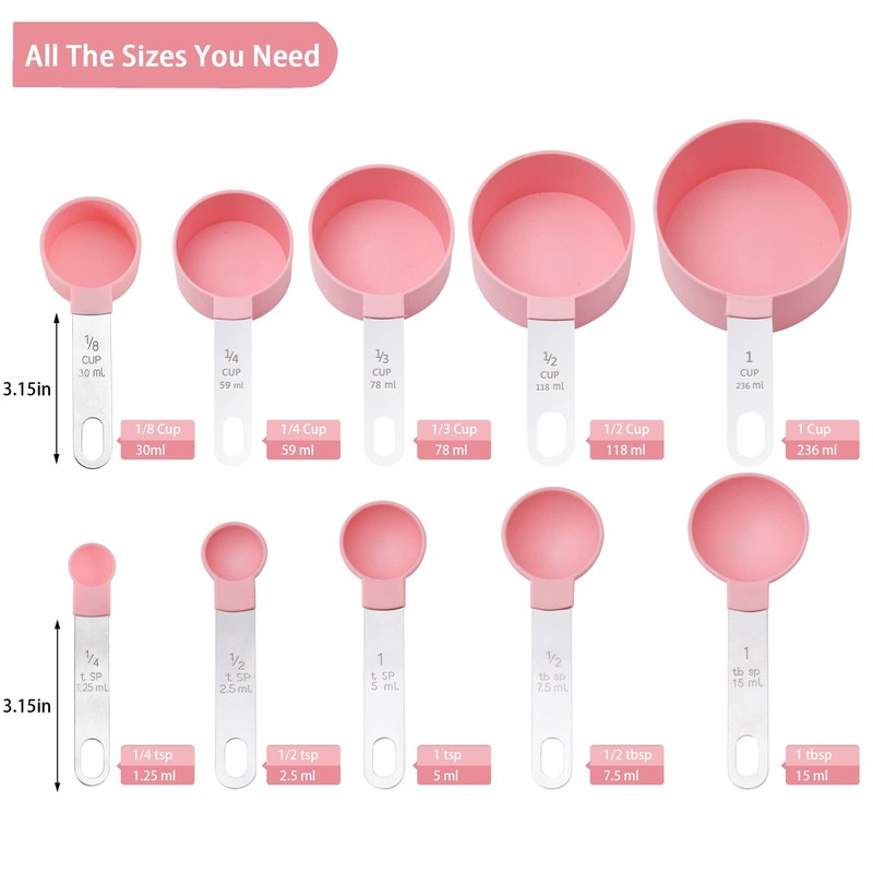 Measuring Cups And Spoons Set 10 Pcs, Stainless Steel Baking Essentials, Pink gallery