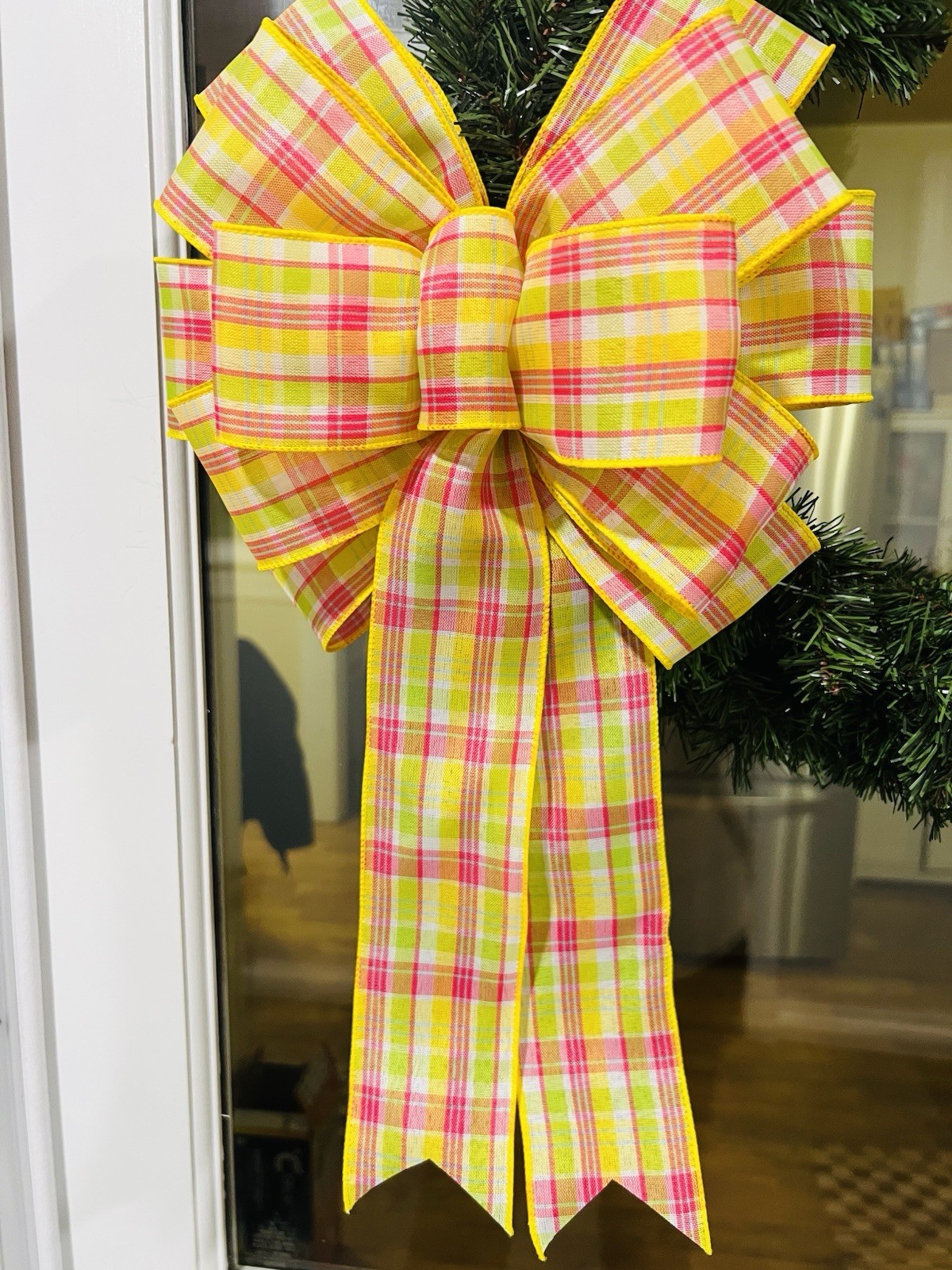 Handmade White Pink Yellow Green Plaid Bow for Spring or Summer Wreath or Basket gallery