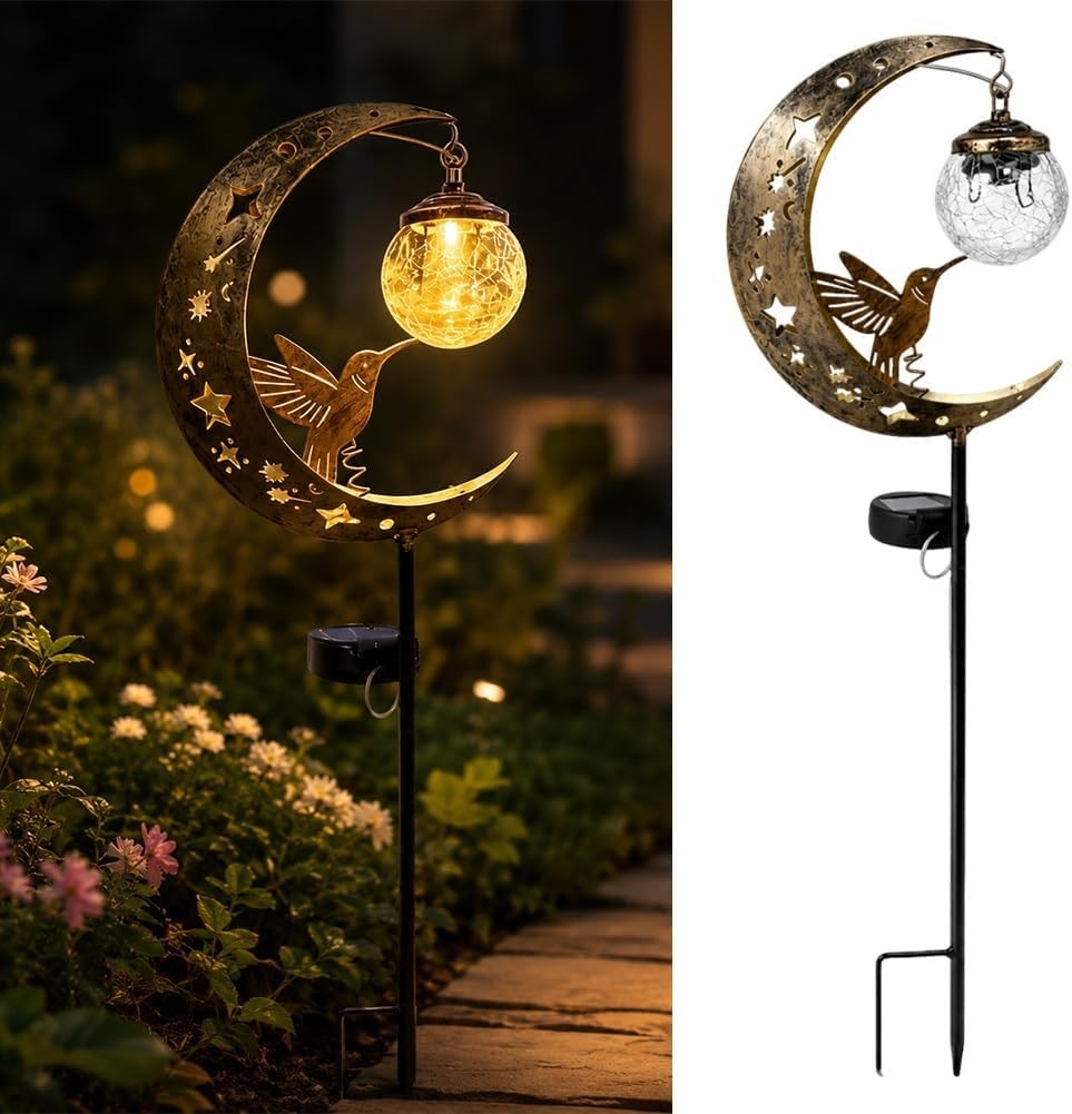 Hummingbird Moon Solar Stake Light Waterproof Crackle Glass Globe Pathway Decor gallery