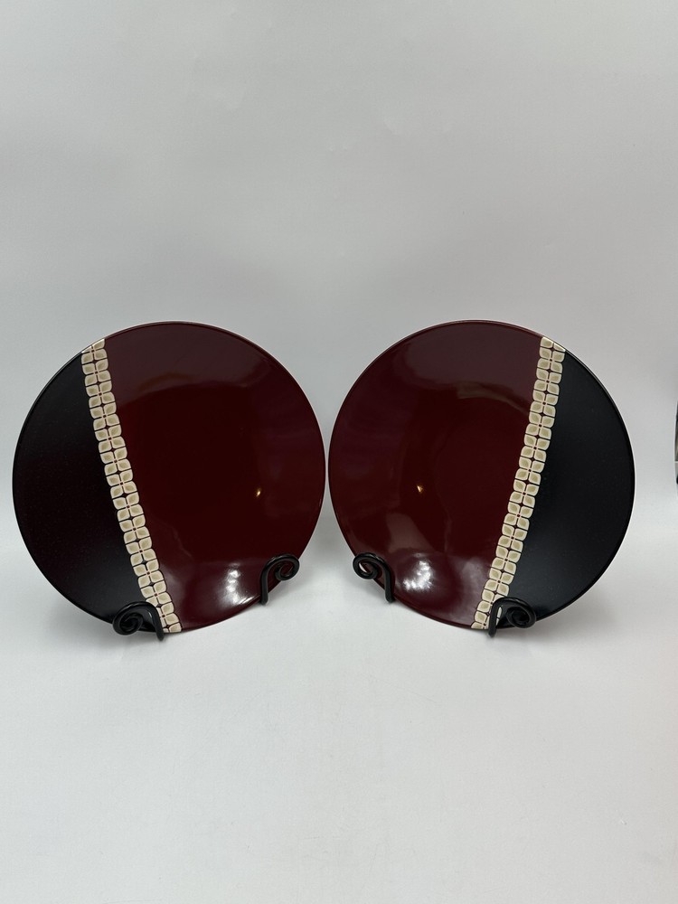 Pfaltzgraff Eastside Dinner Plates Maroon Black Stripe 11 Inch Dia Set Of 2