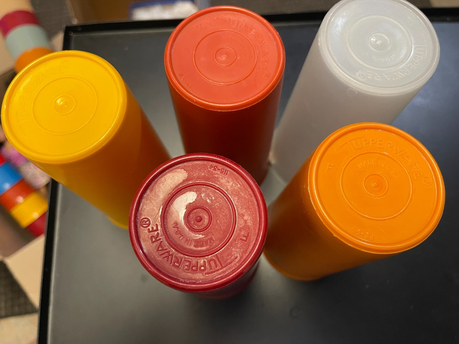 5-Tupperware 12 oz. Tumblers 2 red,1 yellow,1 orange 1clear no.115-34,36,33 gallery