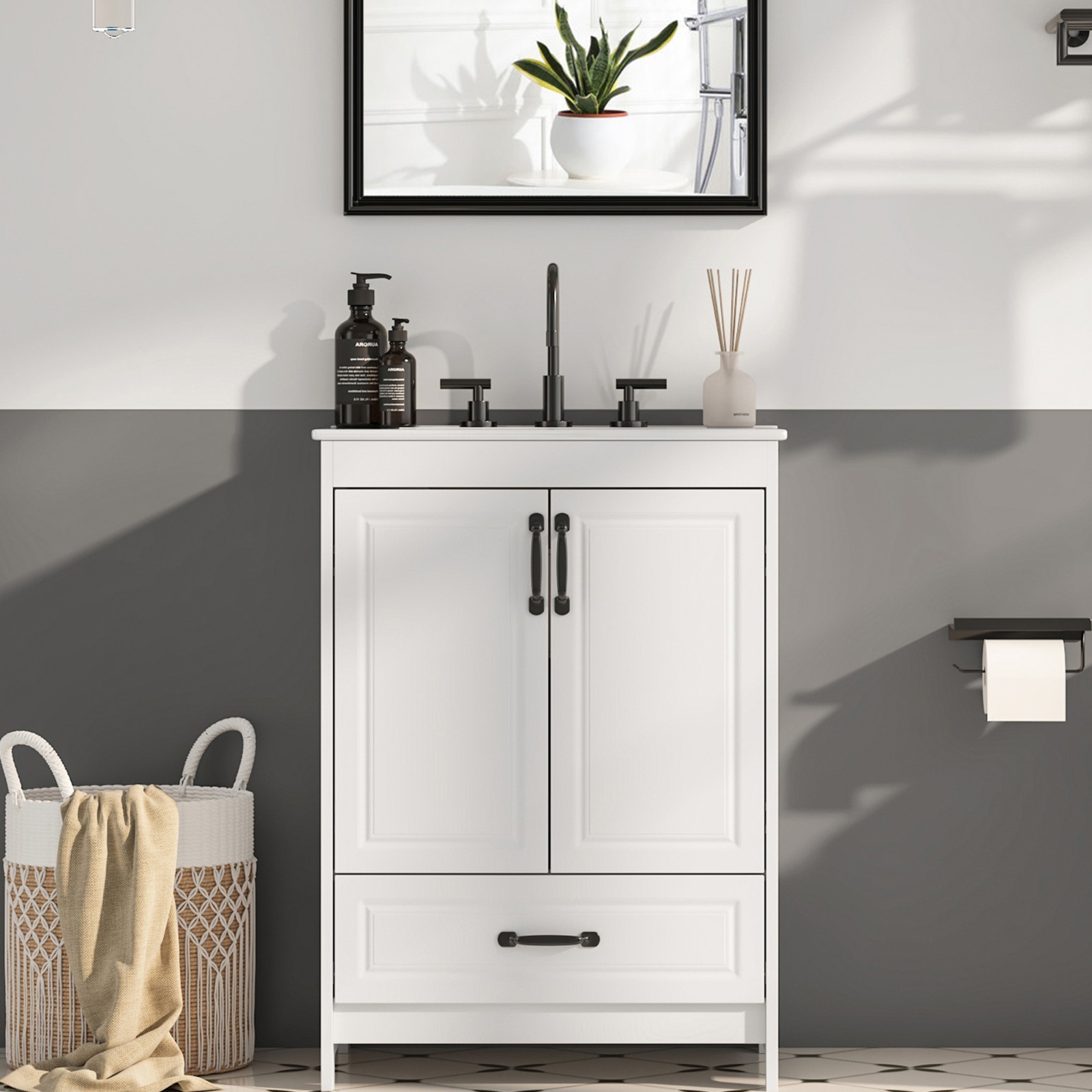 24" Bathroom Vanity with Ceramic Sink Freestanding Storage Cabinet w/Drawer gallery