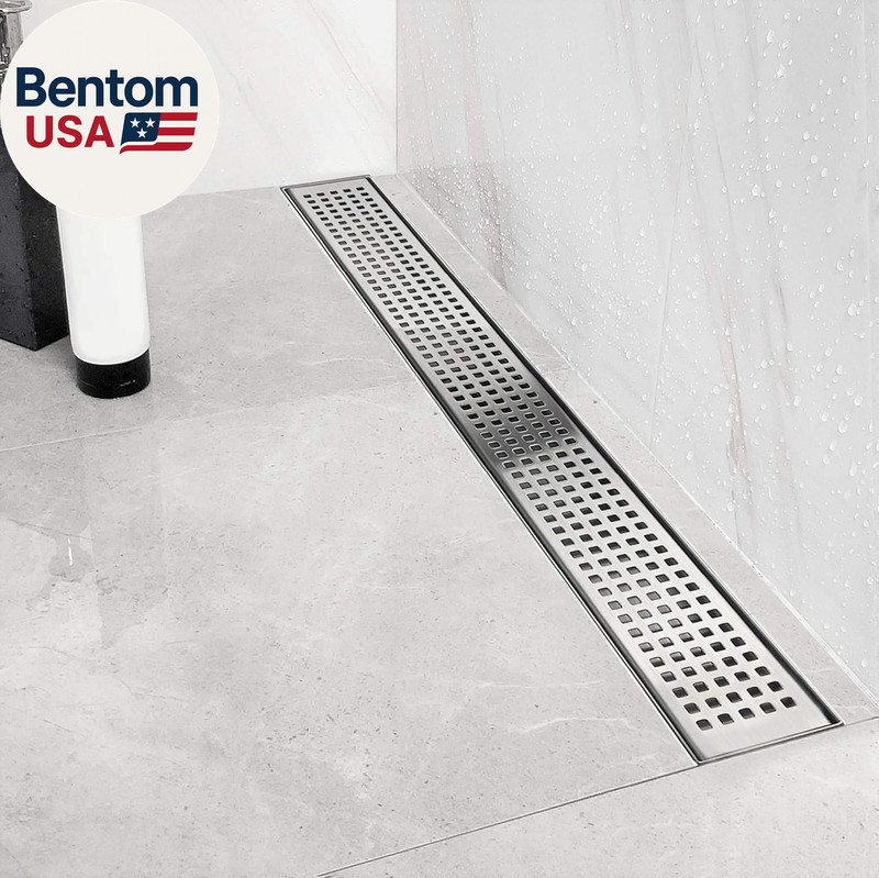 24-Inch Offset Side Outlet Linear Shower Drain with Quadrato Pattern Grate Cover gallery