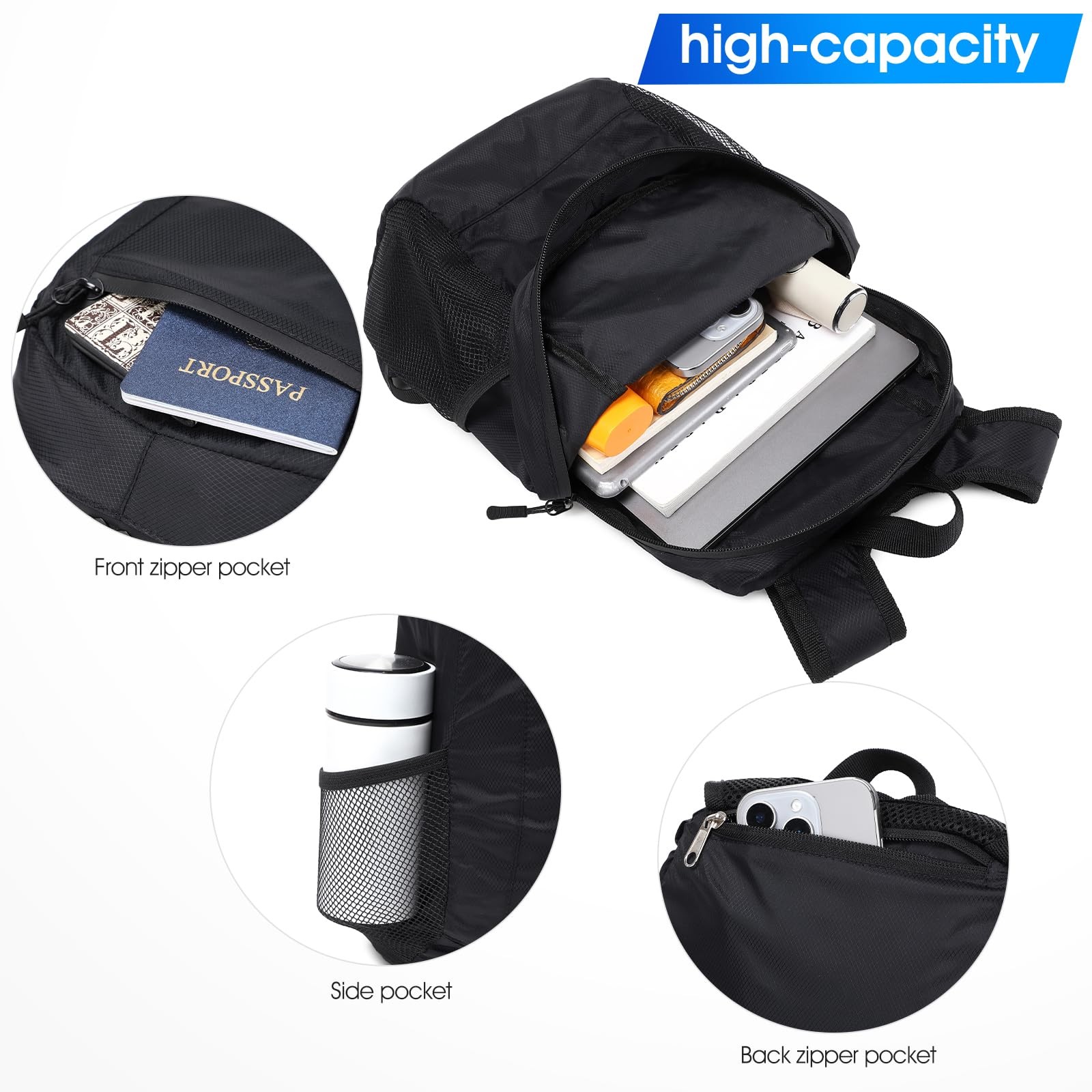 Lightweight Hiking Backpack Small Waterproof Daypack Foldable Nylon Black 3