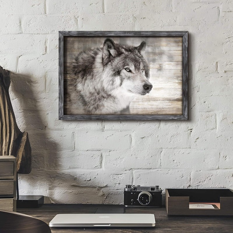 Wolf Framed Wall Art Decor: Modern Wild Animal Wooden Painting Rustic Natural... gallery