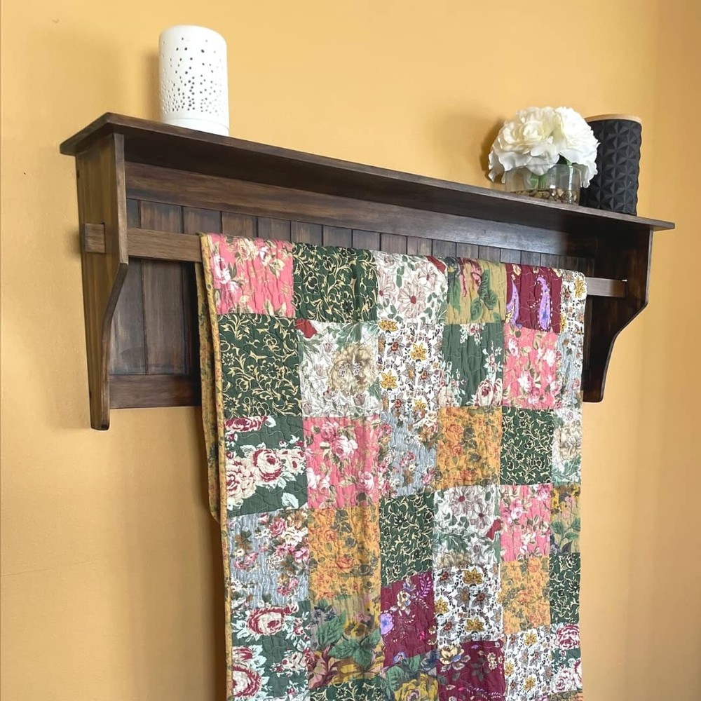 RELODECOR Wall Mounted Quilt Rack with Shelf - Solid Pine Wood, Rustic Brown