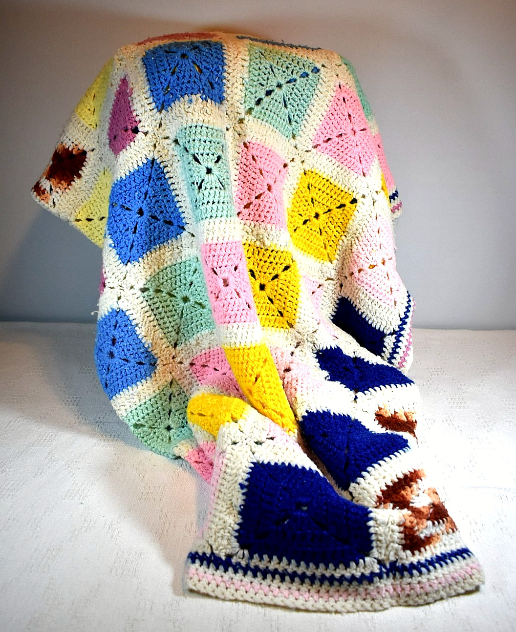 Handcrafted, Crocheted Afghan w/Large Multi-Color Granny Square Design 54" x 80" gallery