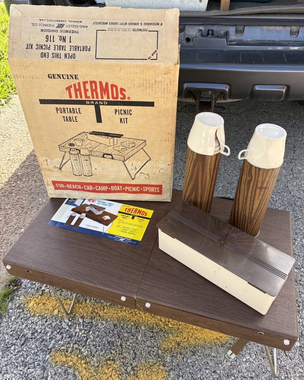 Thermos Bottle Portable Table & Picnic Camping Kit-Vintage Woodgrain Set w/ Case gallery