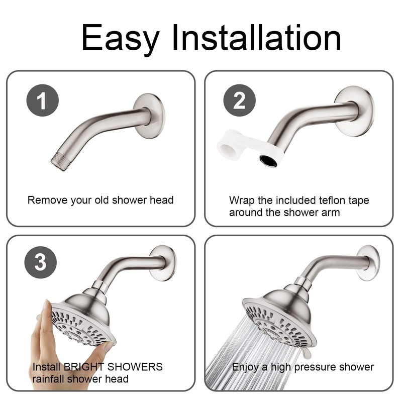 BRIGHT SHOWERS High Pressure Rain Shower Head, Fixed Shower Head with 5 Spray... gallery