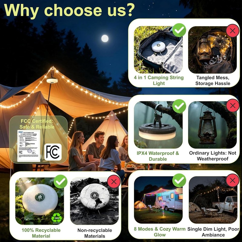 Solar Camping String Light USB Rechargeable 33FT Portable Tent Waterproof Lamp gallery