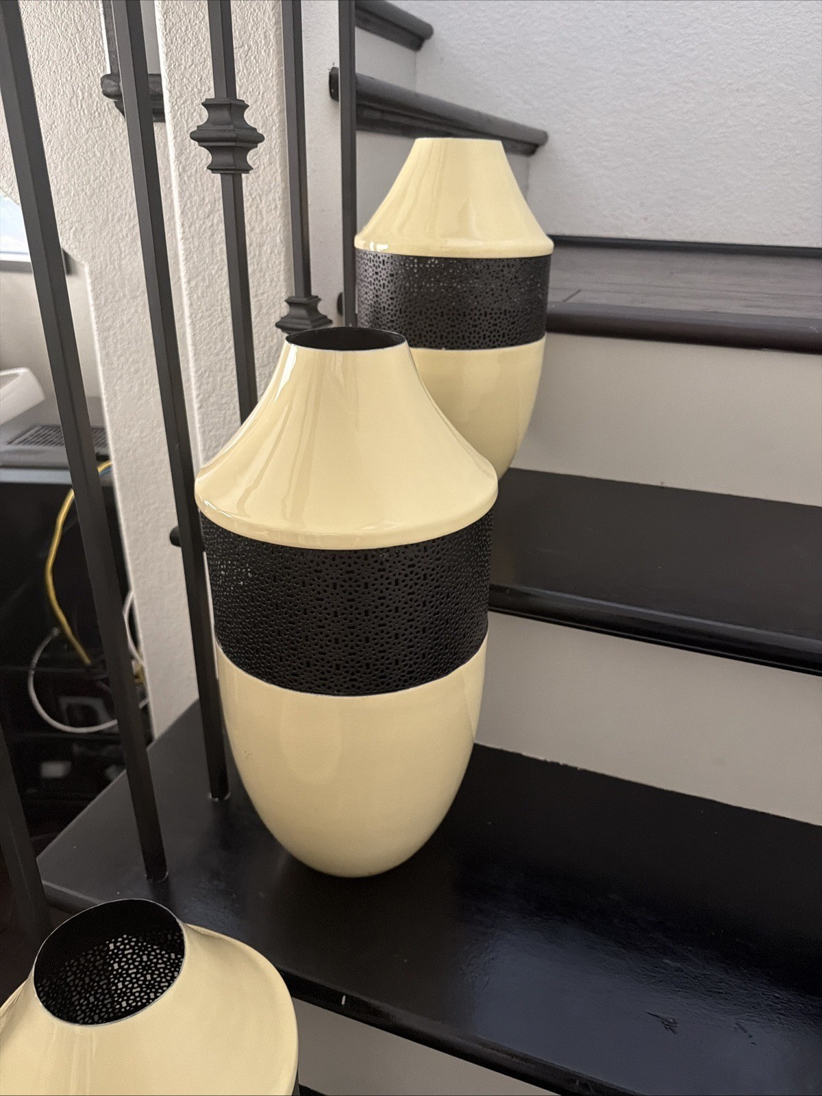 Open Box Beige/Off White Metal Vase with Black Pattern Mesh (large Only) 17x8x8” gallery