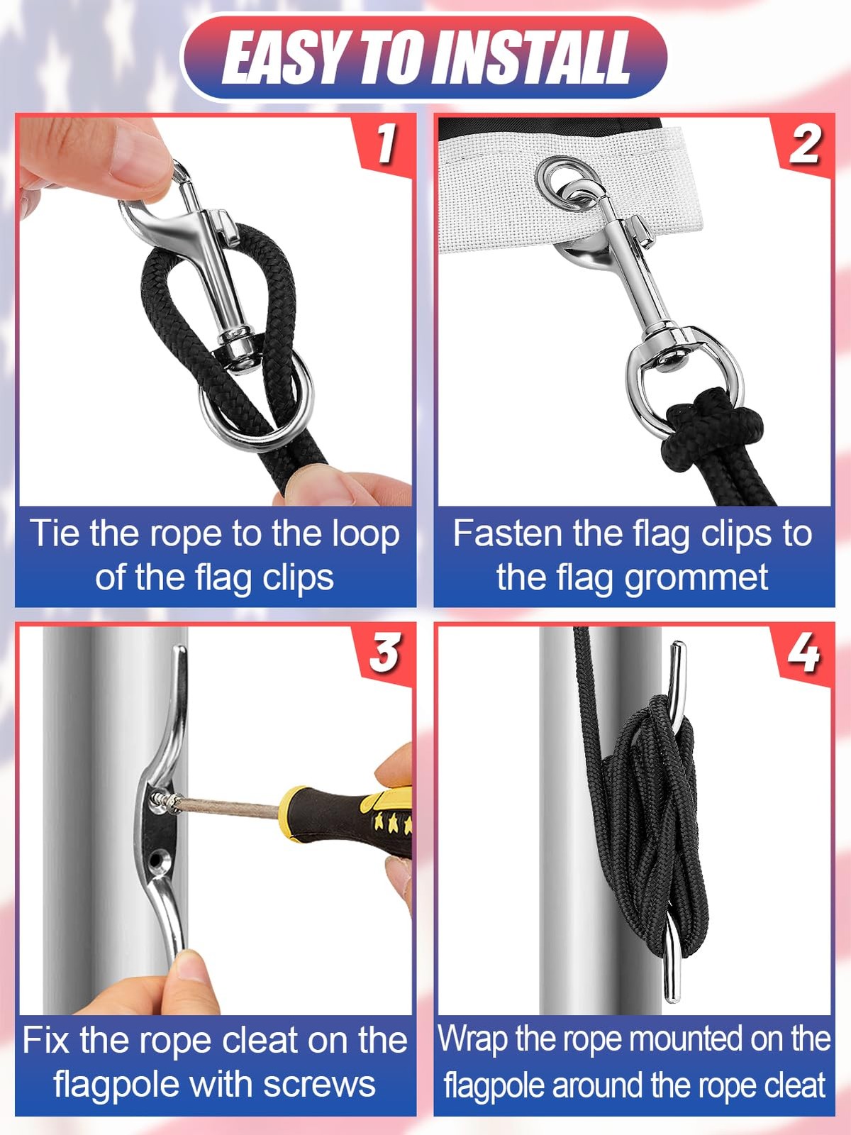 Flag Rope and Clips Kit with Cleat Hook & Swivel Snap Clip Flagpoles Up to 50ft gallery