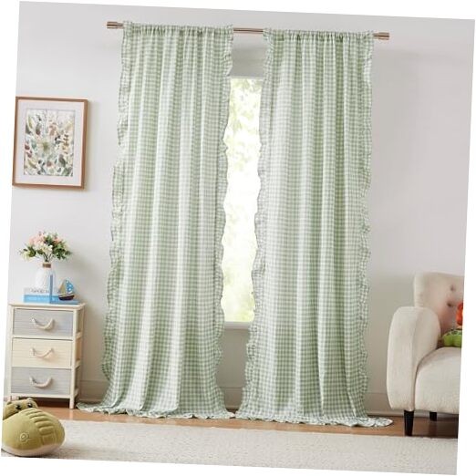 Buffalo Plaid Ruffled Curtains 84 Inches 40"W x 84"L (Pack of 2) Sage Green gallery