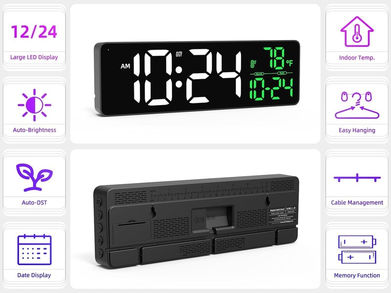 Large LED Digital Wall Clock with Date Temperature Auto Brightness Auto DST for gallery